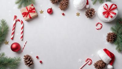 The primary subject of the image is a white background with a circle drawn on it. The setting is a Christmas-themed scene, featuring a variety of decorations such as pine cones, stars, and a bow. The visual style is a combination of digital art and illustration, creating a festive and holiday atmosphere. The colors and mood are predominantly white and red, with the red stars adding a touch of warmth and joy to the scene.